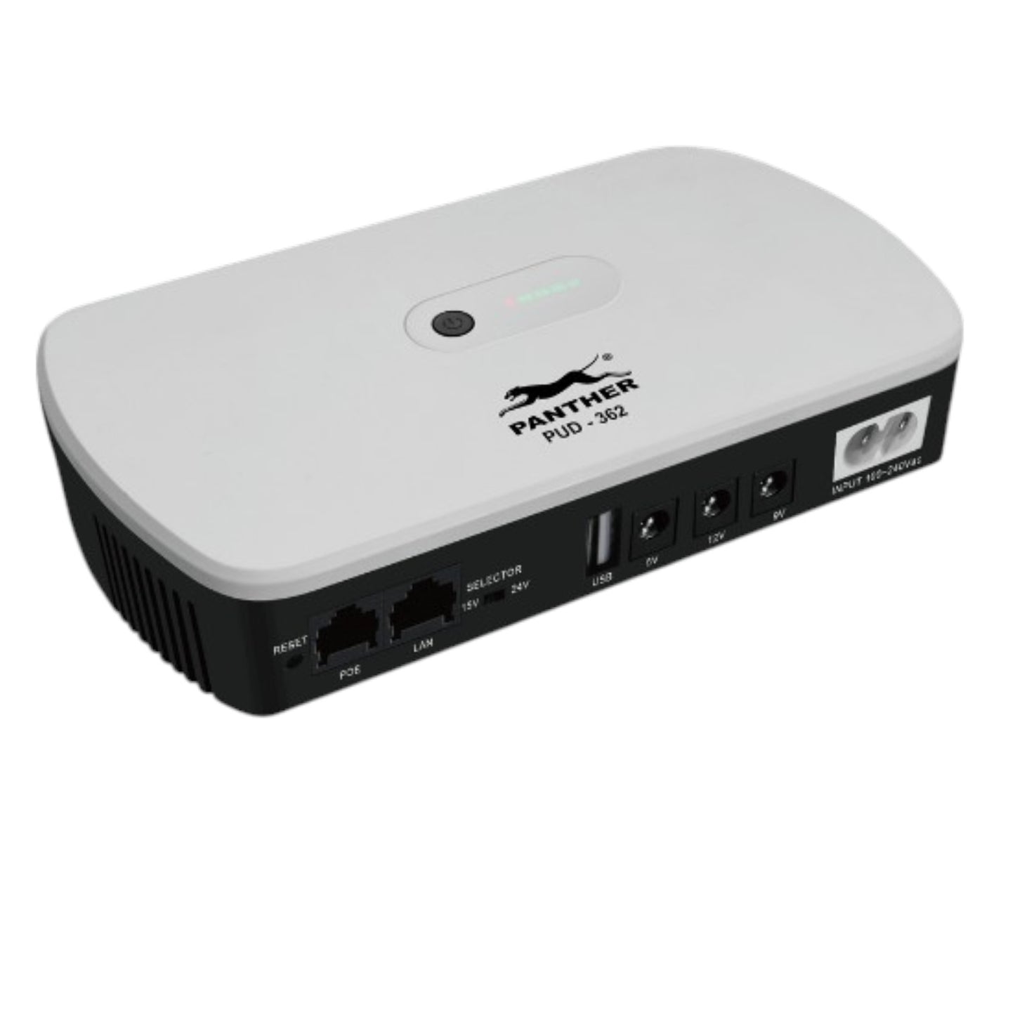 A Pantera PUD-3602 4-port Ethernet switch with a white top cover and a black side panel showing the ports, photographed on a solid white background.