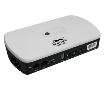 A Pantera PUD-3602 4-port Ethernet switch with a white top cover and a black side panel showing the ports, photographed on a solid white background.
