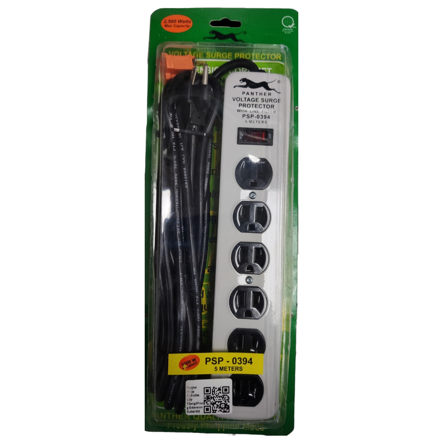 Voltage surge protector with black plugs in green packaging Panther Extension Cord  6 Gang Flat Pin with Ground PSP-0394 5 Meters 1.25mm Wire and Switch with Voltage Surge Protection and Line Filter 2500W Electx Electrical Supply