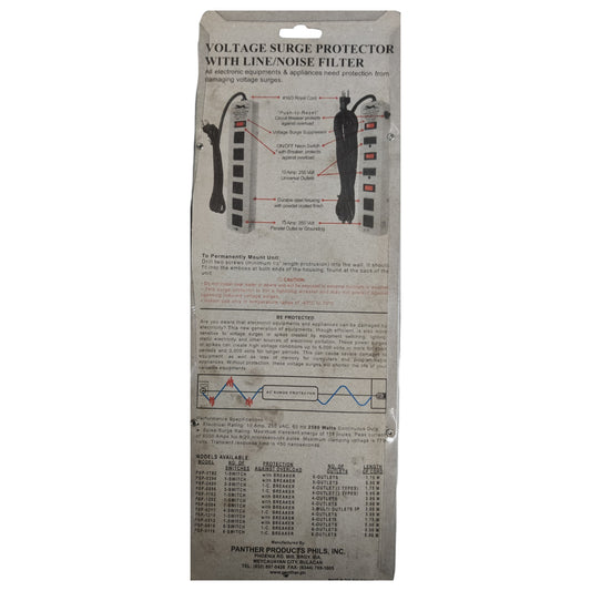 Voltage surge protector packaging with technical details on a white background Panther Extension Cord  6 Gang Flat Pin with Ground PSP-0394 5 Meters 1.25mm Wire and Switch with Voltage Surge Protection and Line Filter 2500W Electx Electrical Supply