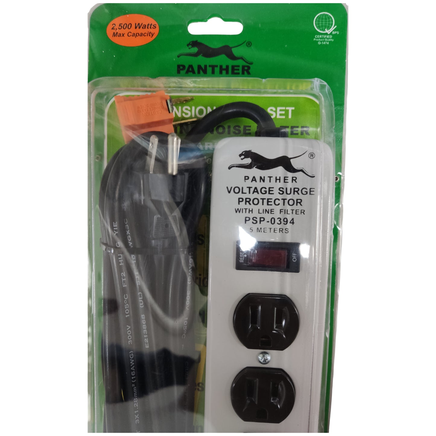 Panther voltage surge protector with cables in packaging on a white background Panther Extension Cord  6 Gang Flat Pin with Ground PSP-0394 5 Meters 1.25mm Wire and Switch with Voltage Surge Protection and Line Filter 2500W Electx Electrical Supply
