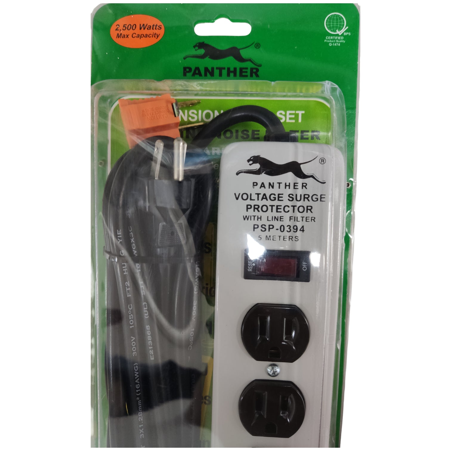 Panther voltage surge protector with cables in packaging on a white background Panther Extension Cord  6 Gang Flat Pin with Ground PSP-0394 5 Meters 1.25mm Wire and Switch with Voltage Surge Protection and Line Filter 2500W Electx Electrical Supply