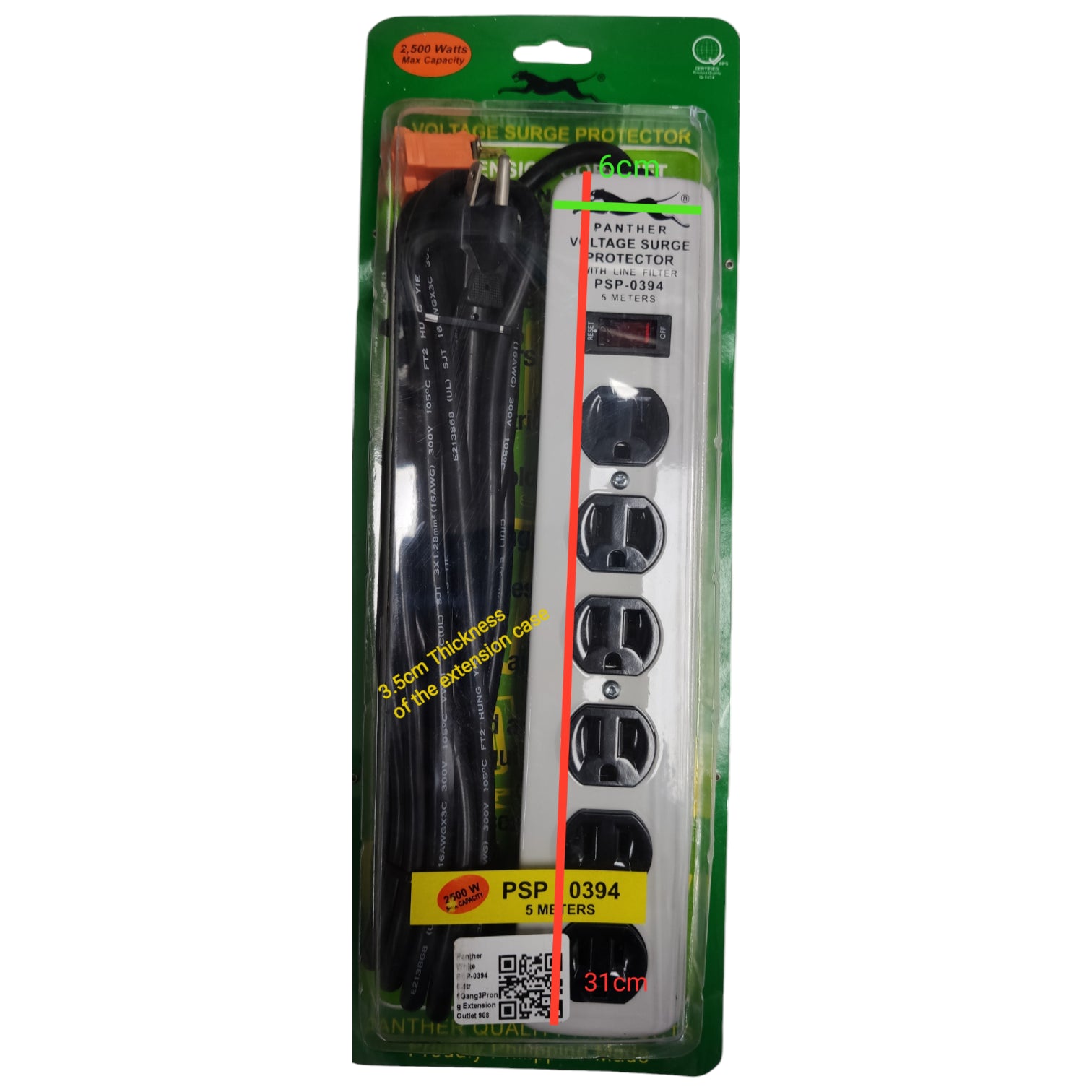 Power strip with surge protector in packaging on a white background Panther Extension Cord  6 Gang Flat Pin with Ground PSP-0394 5 Meters 1.25mm Wire and Switch with Voltage Surge Protection and Line Filter 2500W Electx Electrical Supply