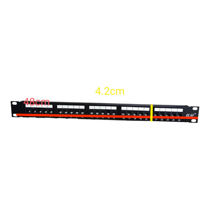 A 16-port RJ45 patch panel connector shown horizontally on a white background, with red and yellow measurement overlays indicating 40cm length and 4.2cm width.