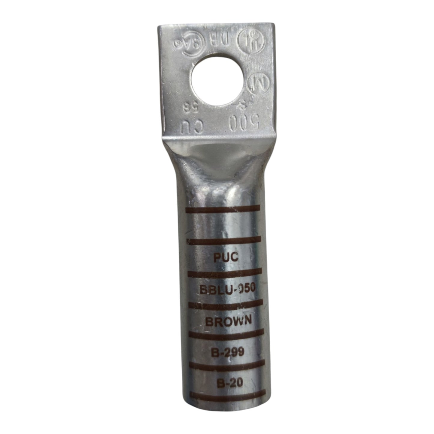 Metal terminal with engraved text on a white background