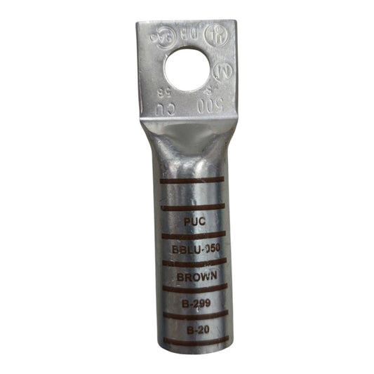 Metal terminal with engraved text on a white background