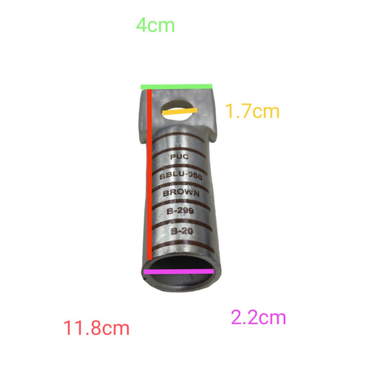 Metallic cable connector with dimensions labeled on a white background