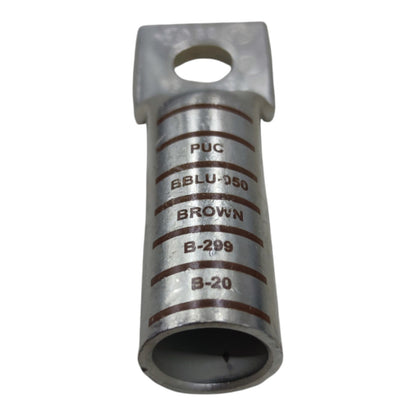 Metallic cable connector with text on a white background