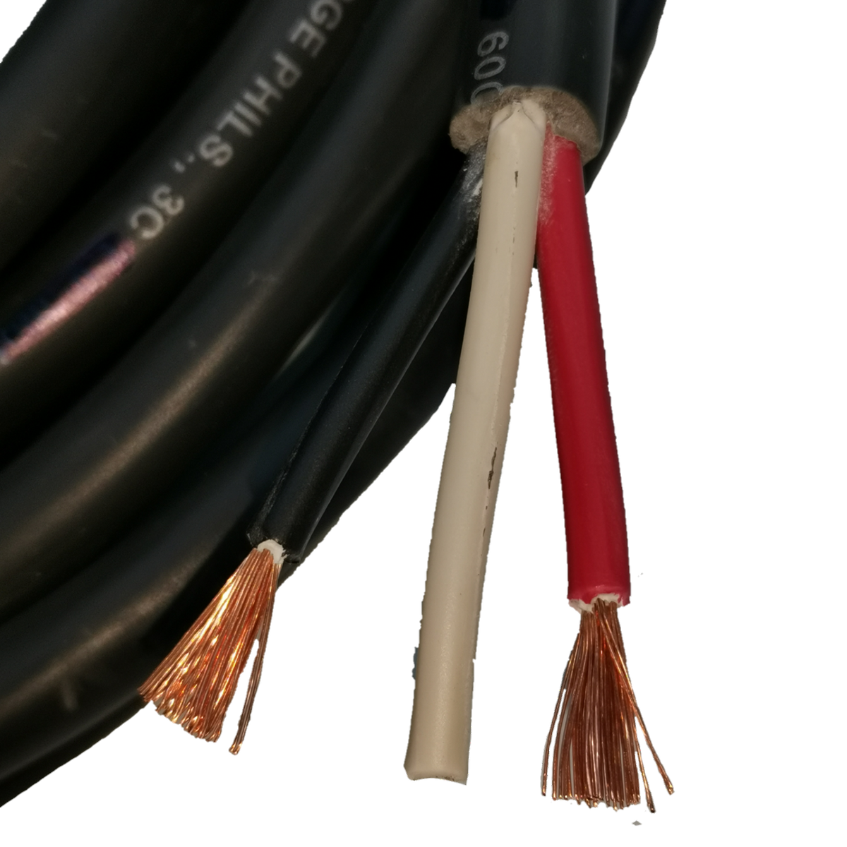 Phelps Dodge 0.75mm 3 core royal cord wires with exposed copper strands on black insulation