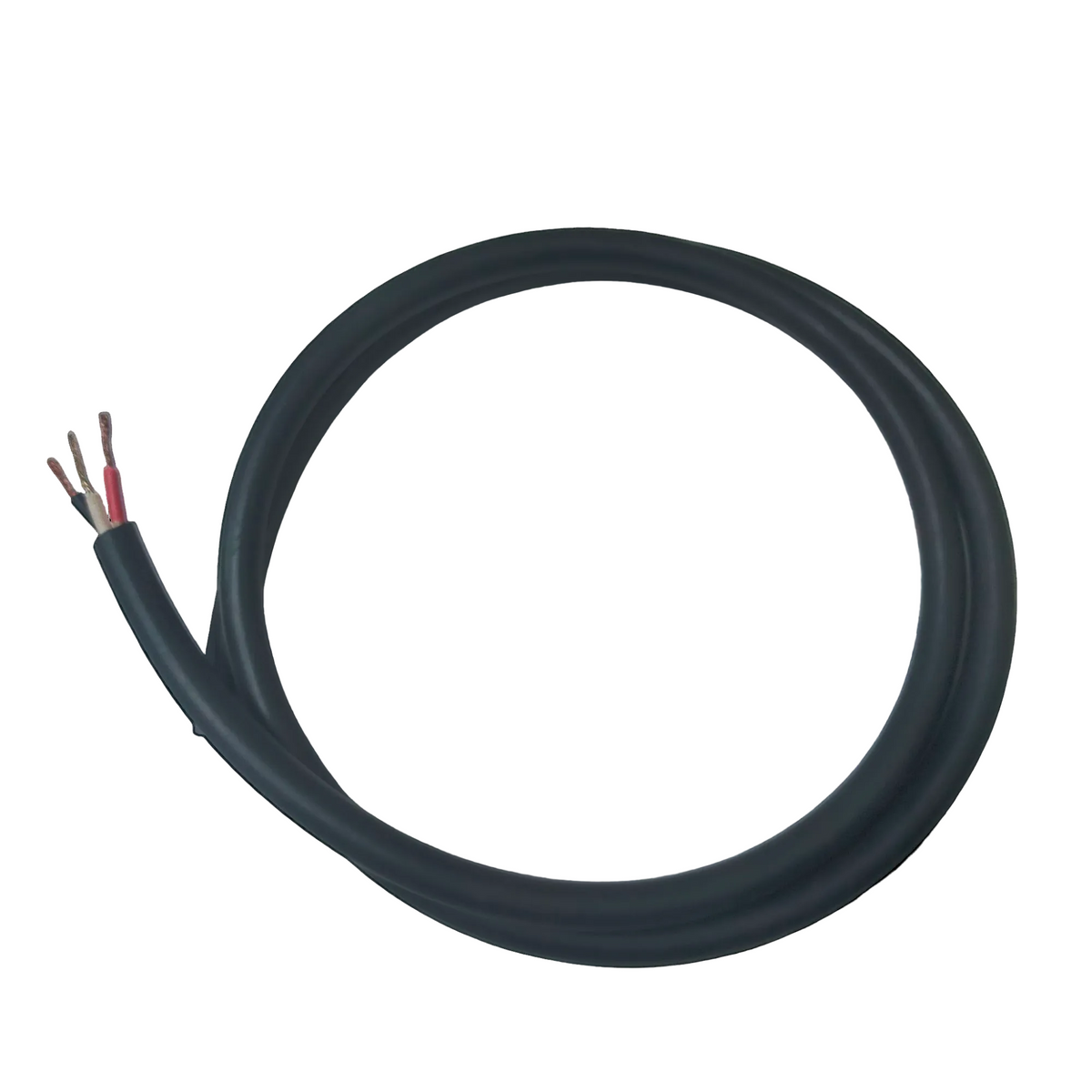 Phelps Dodge 0.75mm 3 core royal cord wire with three exposed copper leads on black background
