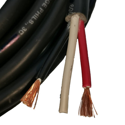 Close-up of black, beige, and red cables with exposed copper wires on a white background