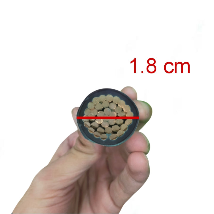 Hand holding a cable cross-section with a red line indicating 1.8 cm diameter on a white background.