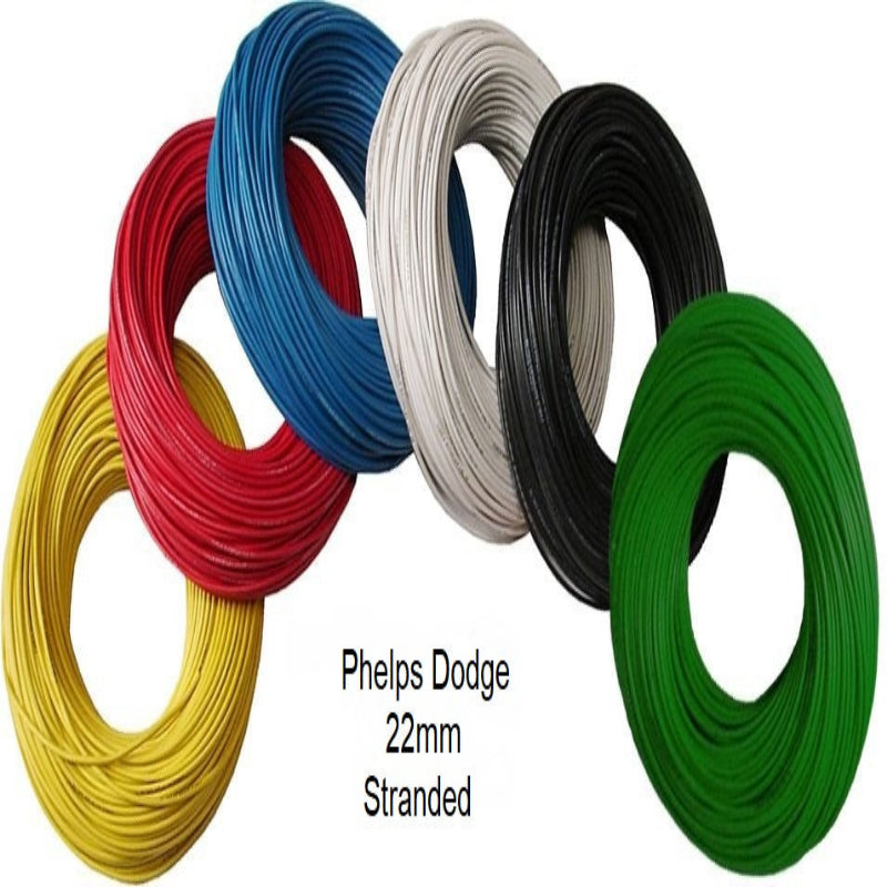 Five coiled rolls of wire in red, blue, white, black, and green with 'Phelps Dodge' branding.