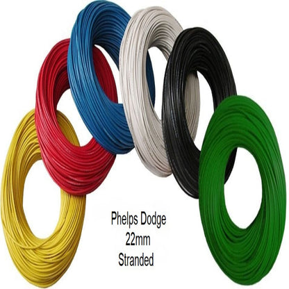 Five coiled rolls of wire in red, blue, white, black, and green with 'Phelps Dodge' branding.