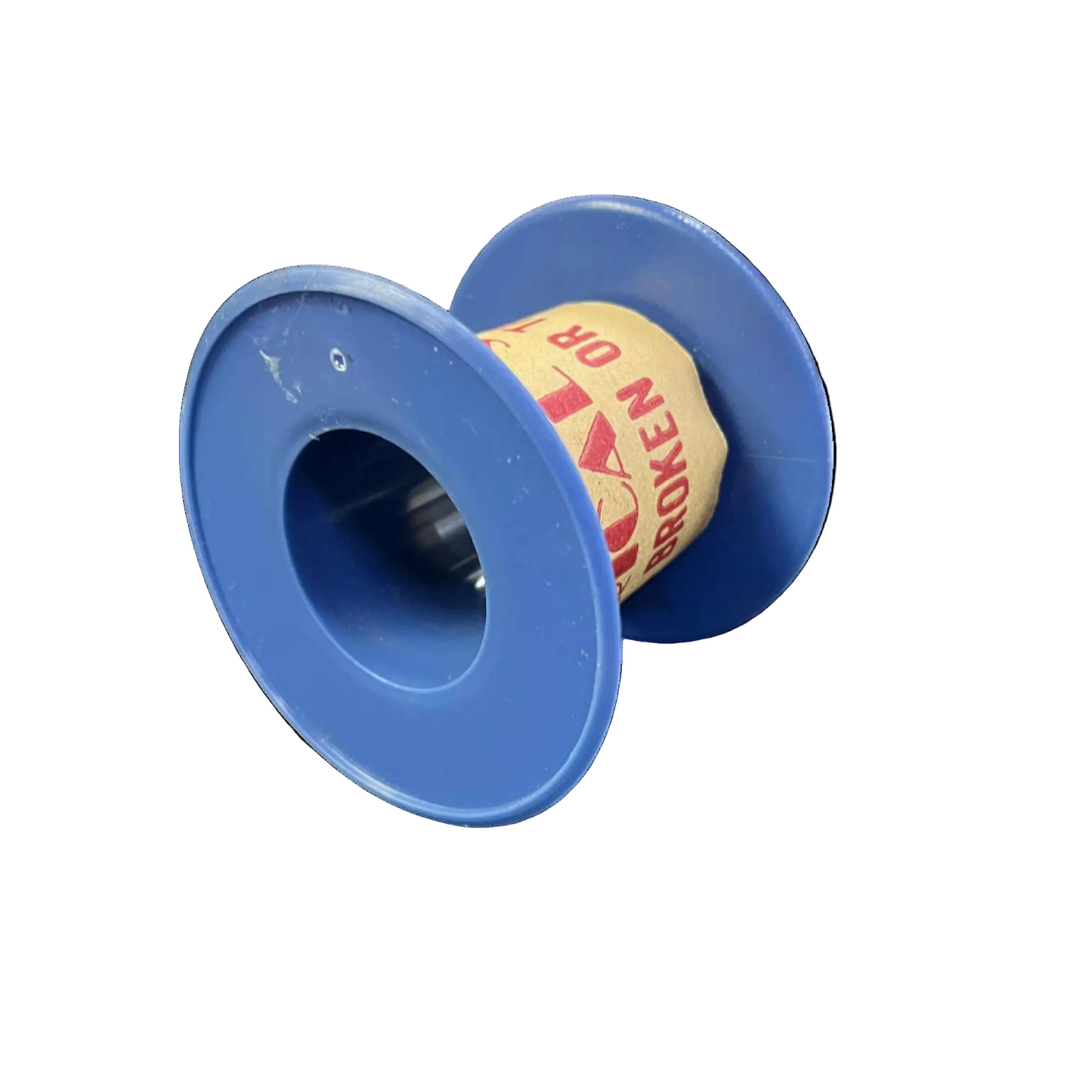Blue spool with a roll of paper on a white background
