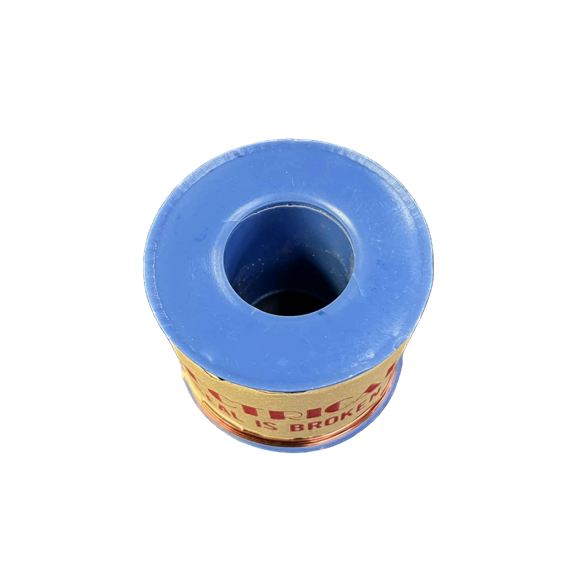 Blue spool of thread with a white background