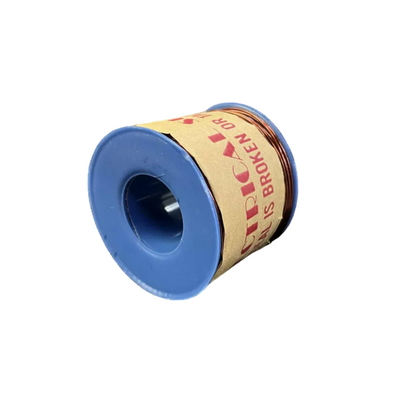 Film reel with blue spool and brown paper label on a white background