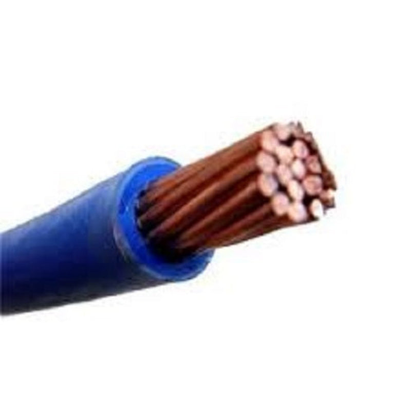Blue Philflex 2.0mm THHN AWG 14/7 stranded wire close-up of insulation and copper strands