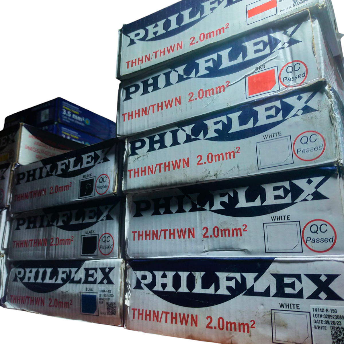 Philflex THWN AWG 14 stranded wire boxes stacked showing 2.0mm THHN THWN labels