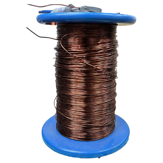 Spool of copper wire on a blue reel against a white background
