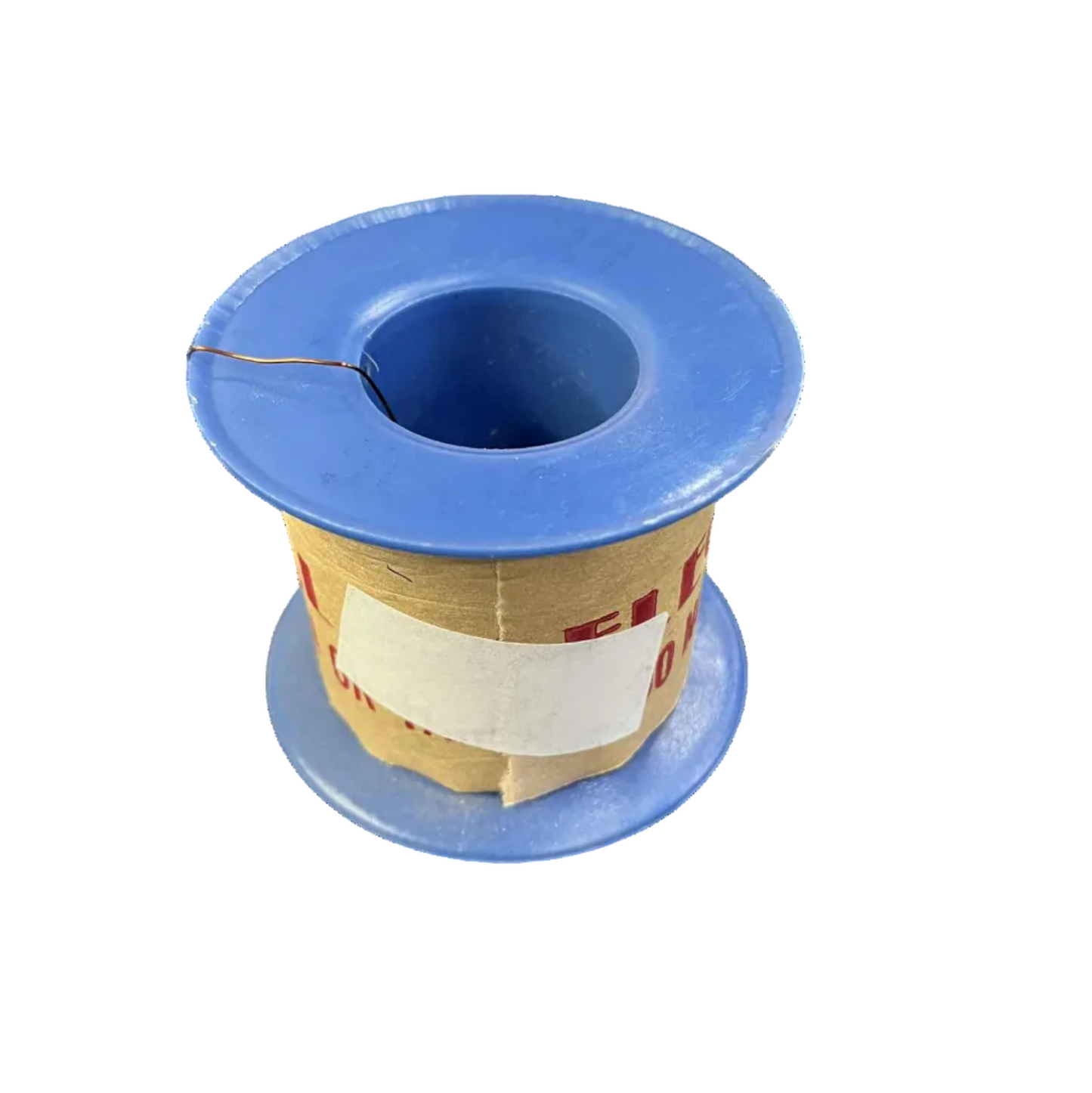 Spool of wire on a blue plastic reel with a white background