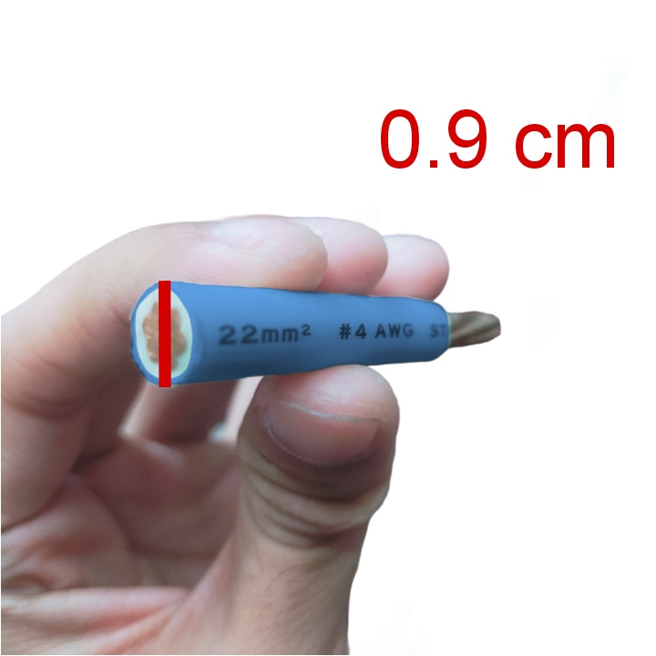 A hand holding a small blue screwdriver bit against a white background, with red text reading '0.9 cm' and a red measurement marker indicating the bit diameter.