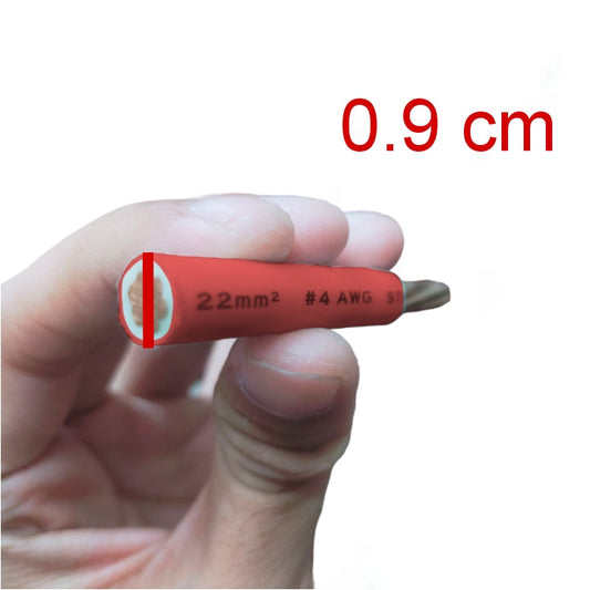 A hand holding a small red screwdriver bit against a white background, with red text reading '0.9 cm' and a red measurement circle highlighting the bit diameter.