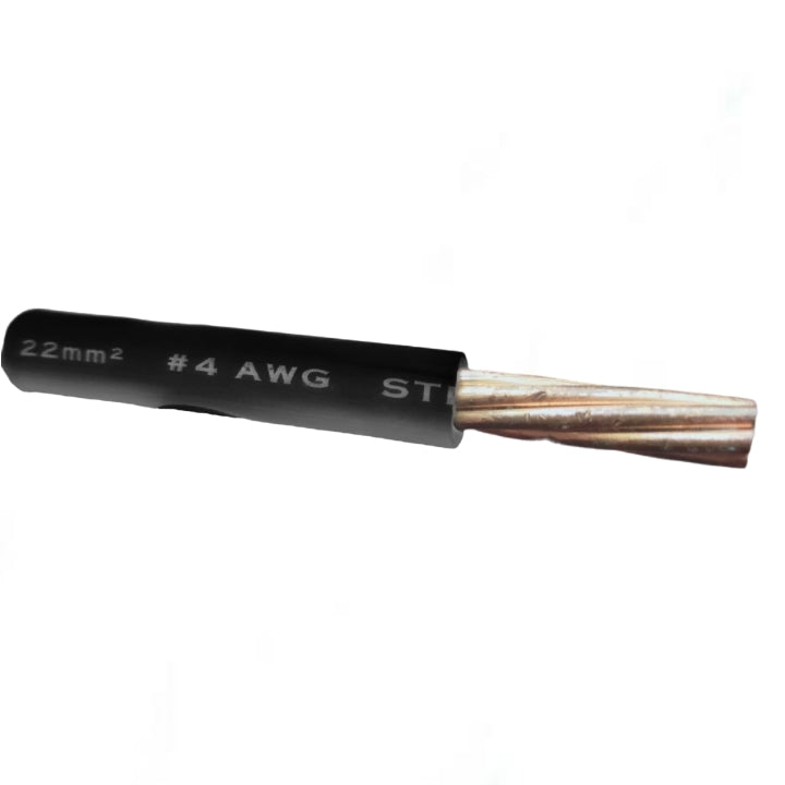 A single piece of black electrical wire with a stripped copper-colored conductor, labeled '22mm² #4 AWG ST', on a plain white background.