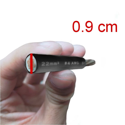 A hand holding a small black screwdriver bit against a white background, with a red measurement marker and red text reading '0.9 cm' indicating the diameter.