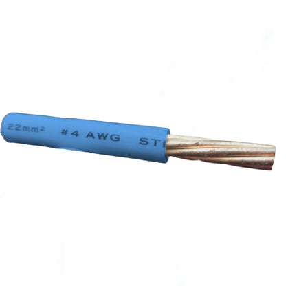A single blue electrical wire cable with a twisted copper-colored bare conductor exposed at one end, shown on a plain white background. White printed text on the blue jacket reads '22mm2 #4 AWG ST'.