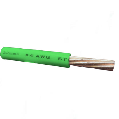 A single piece of green-wrapped electrical wire with exposed copper-colored strands, labeled '22mm² #4 AWG STR'.