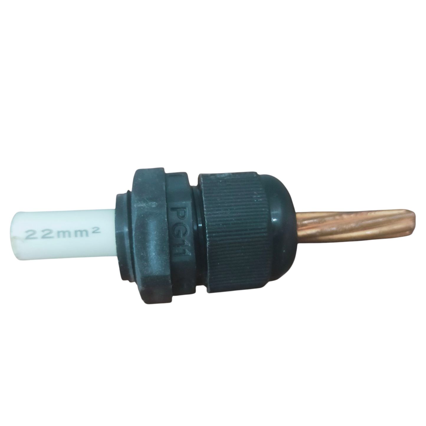 A close-up of a electrical connector showing a white cable with '22mm²' printed on it, a black plastic housing, and a copper-colored twisted wire tip, isolated on a white background.
