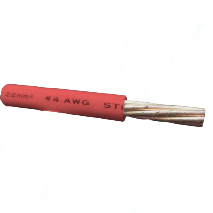 A single piece of red electrical wire with a twisted silver metal core exposed at one end, featuring black printed text indicating '22mm² #4 AWG ST'.