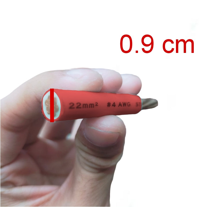 A hand holding a small red screwdriver bit against a white background, with red text reading '0.9 cm' and a red measurement circle highlighting the bit diameter.