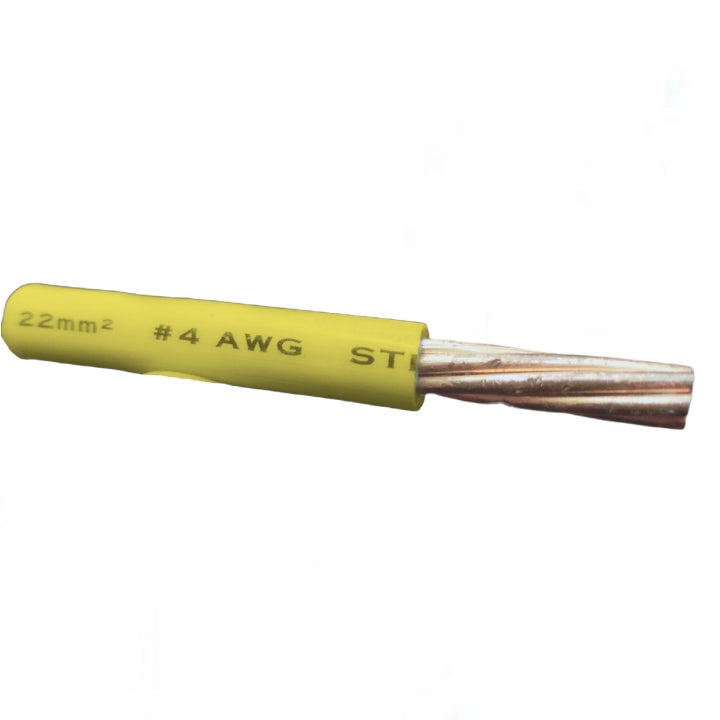 A single twisted copper wire with a bright yellow protective jacket, printed with specifications '22mm² #4 AWG ST', on a plain white background.