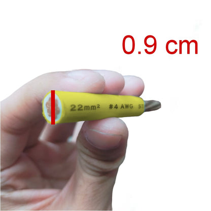 A hand holding a small yellow screwdriver bit against a white background, with red text reading '0.9 cm' and a red measurement marker indicating the bit diameter.