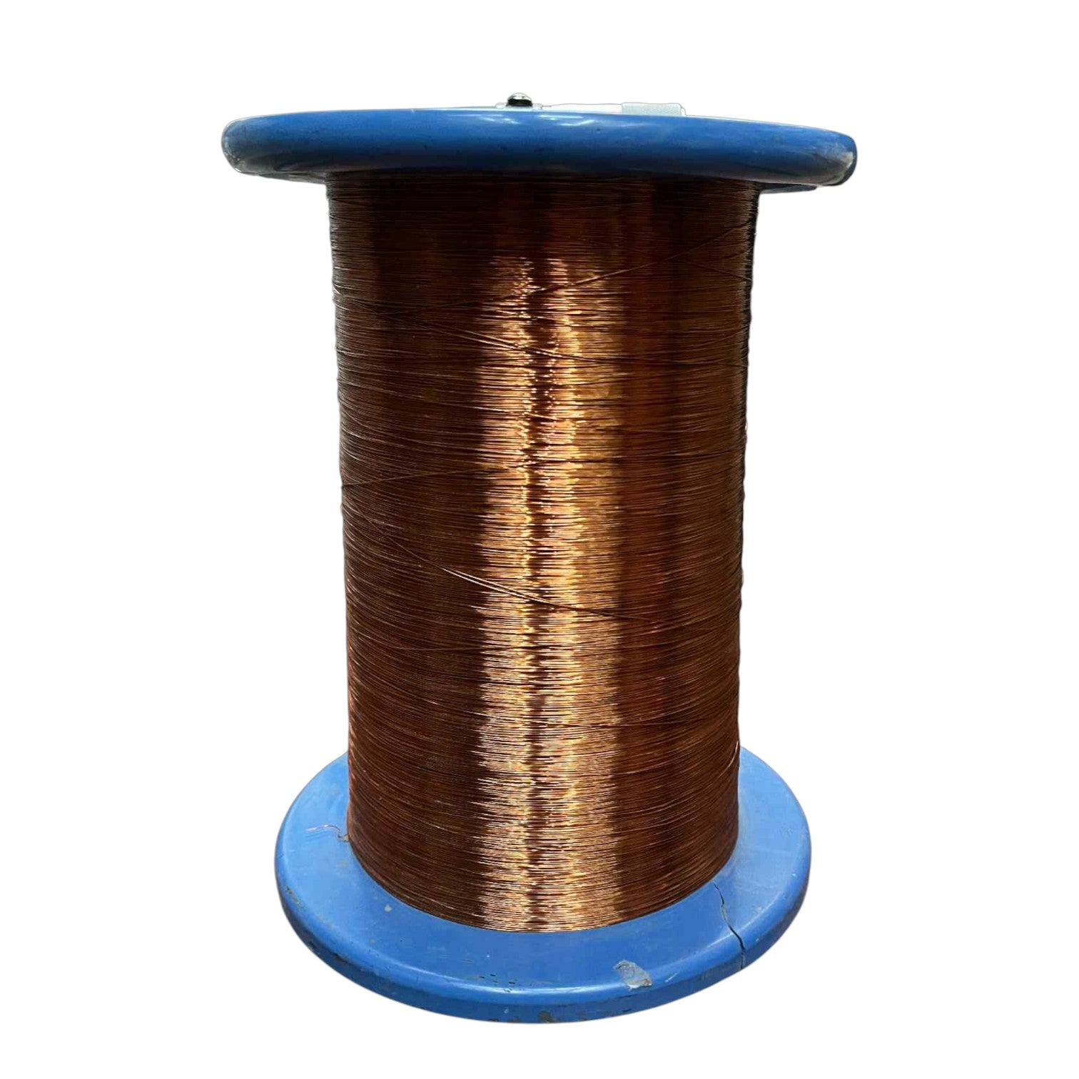 Spool of brown wire on a blue plastic reel against a white background