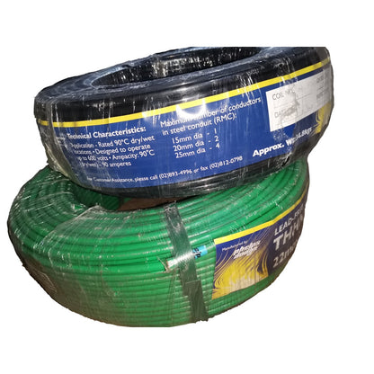 Two coiled rolls of wire cable, one black and one green, wrapped in clear plastic with blue and yellow labels showing technical specifications.