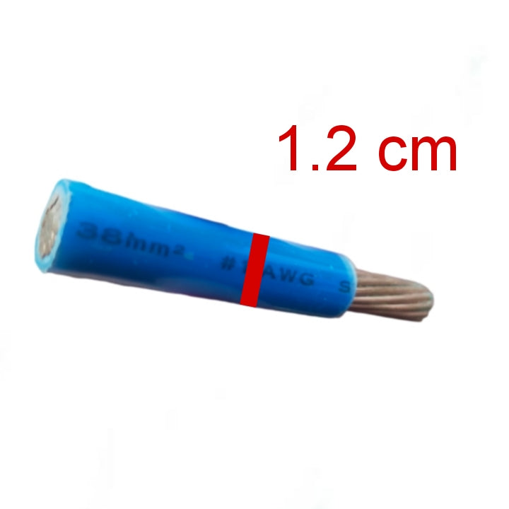 A single blue insulated wire or cable end with exposed copper strands, shown on a white background with red text reading '1.2 cm'.