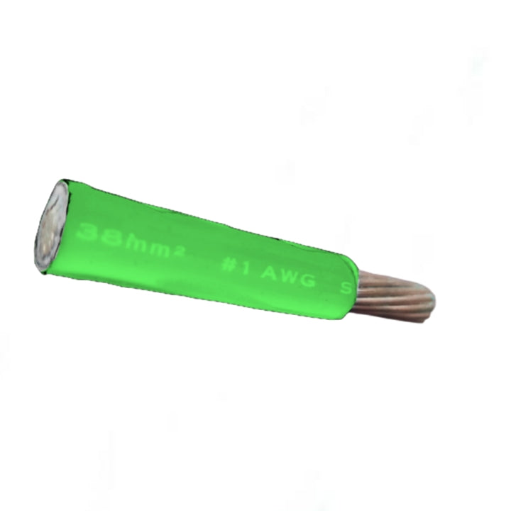 A single green electrical wire shield or cable sleeve with exposed copper-toned strands at one end, shown on a plain white background. White printed text on the green body reads '38mm2 #1 AWG'.