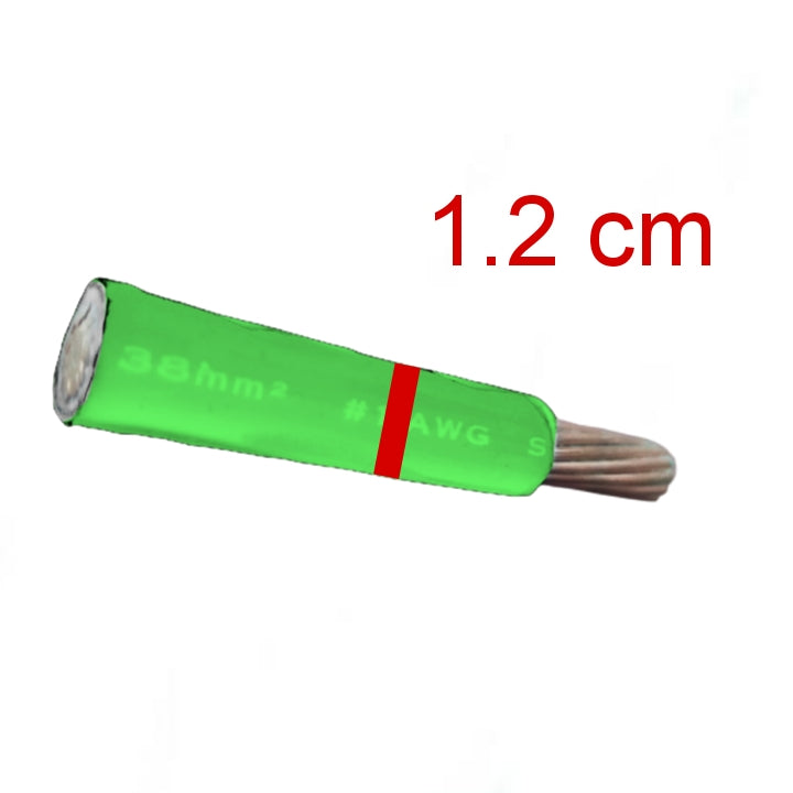 A single green insulated wire or cable end with exposed copper-toned strands, shown on a plain white background with red text reading '1.2 cm' above it.