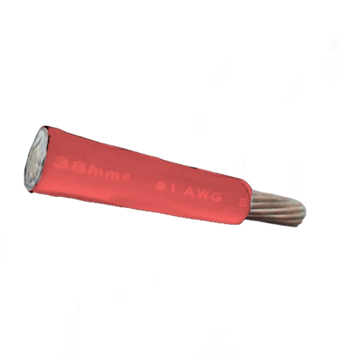 A single red electrical wire strip with a silver-colored copper core visible at the tip, featuring printed white text indicating '38mm' and '#1 AWG'.