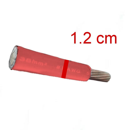 A red insulated electrical wire strip with a multi-strand copper core exposed at one end, shown on a white background with red text reading '1.2 cm'.