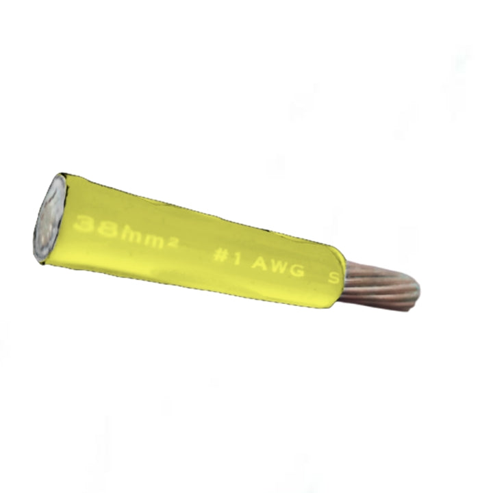 A single electrical wire armature with a bright yellow insulation jacket, labeled '38mm2 #1 AWG S', showing the multi-strand copper wire core on one end, isolated on a white background.