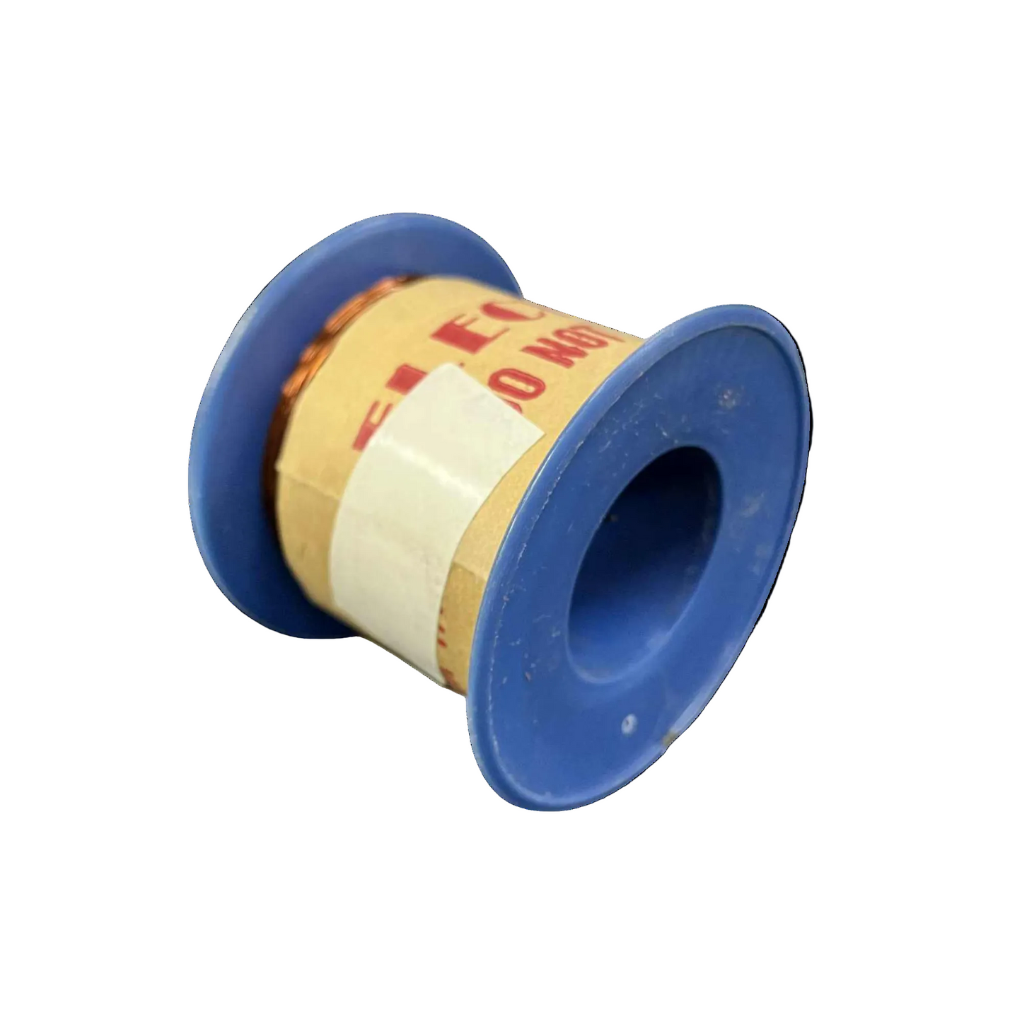 Spool of white tape with a blue plastic casing on a white background