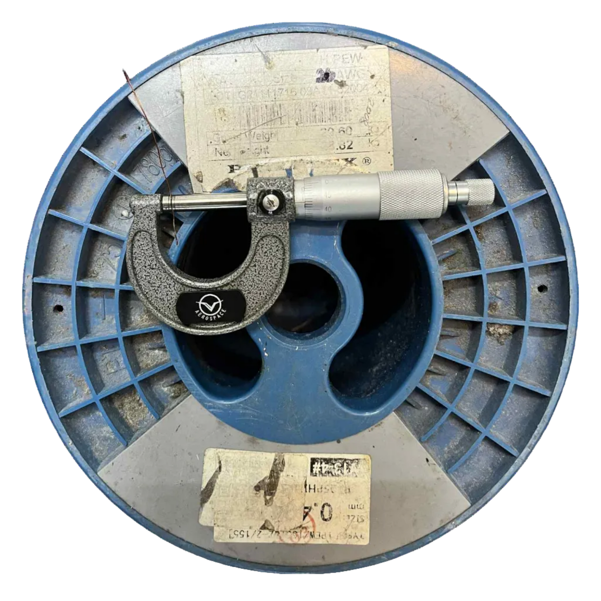 Vintage micrometer on a blue metal reel with labels on a white background Philflex 500 Grams Magnet Wire AWG 26 Enameled Copper Wire 0.40mm Heavy Formix Approx 413.22 Meters Per Roll Electx Electrical Supply