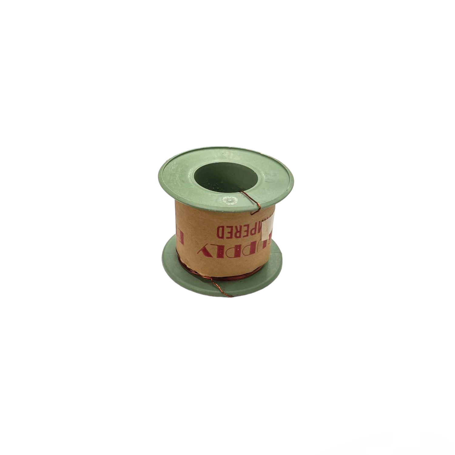 Spool of green wire with a cardboard label on a white background Philflex 50 Grams Magnet Wire AWG 36 Enameled Copper Wire 0.12mm Single Formix 406.5 Meters per Roll Electx Electrical Supply