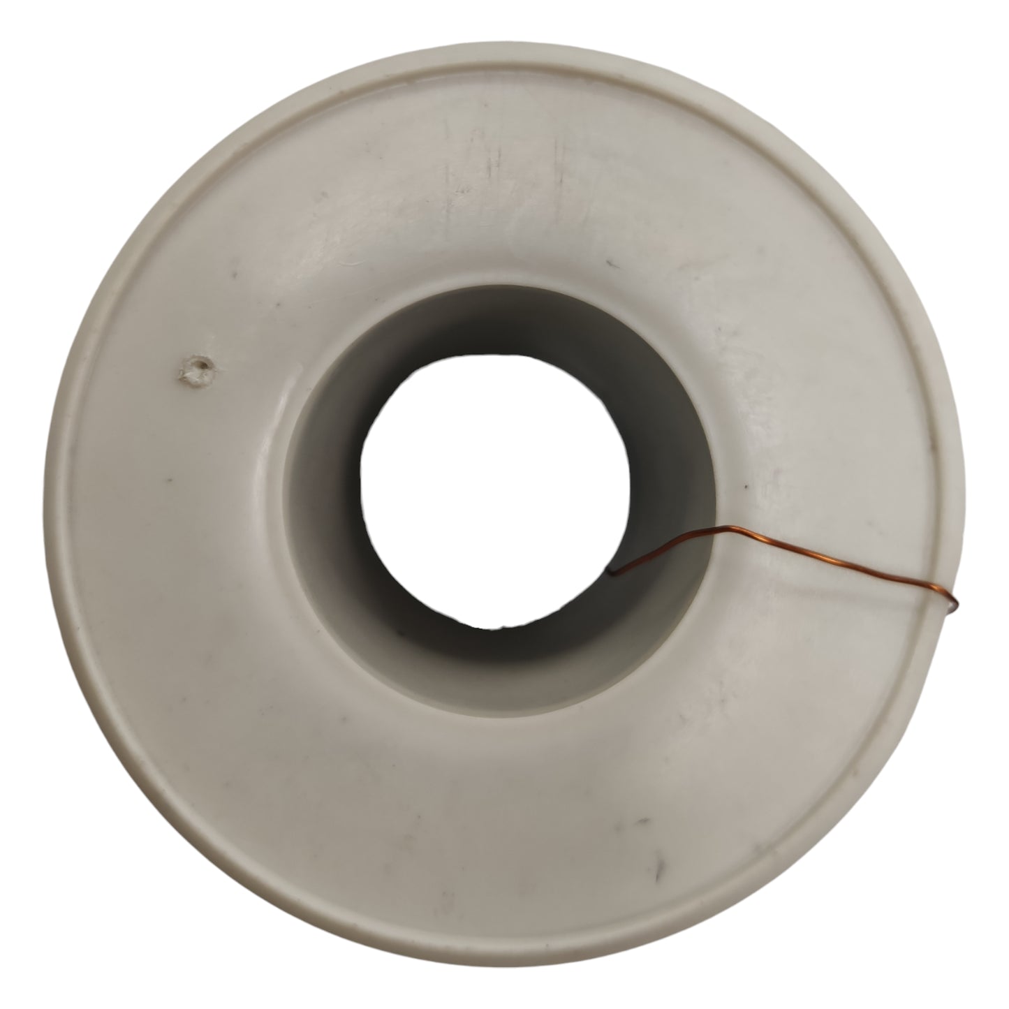 Round metallic component with a central hole on a white background Philflex 50 Grams Magnet Wire AWG 40 Enameled Copper Wire 0.08mm Single Formix Approx 1111.11 Meters Per Roll Electx Electrical Supply