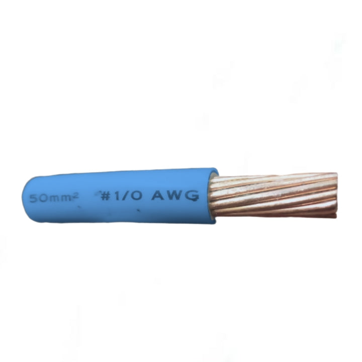 A single blue electrical cable with exposed copper-colored strands, labeled '50mm2 #1/0 AWG' on a plain white background.