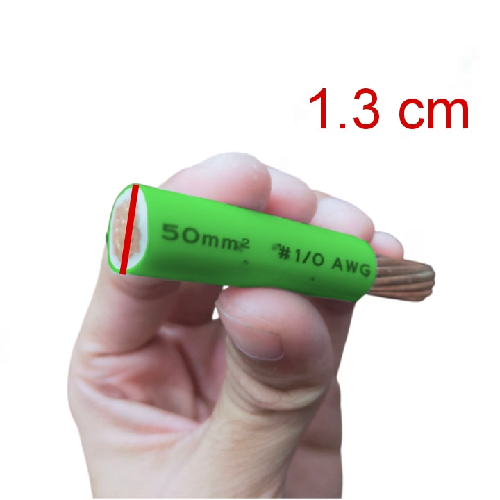 A hand holding a small green insulated wire or cable end with exposed copper strands, shown against a white background with red text reading '1.3 cm' and '50mm² #1/0 AWG'.